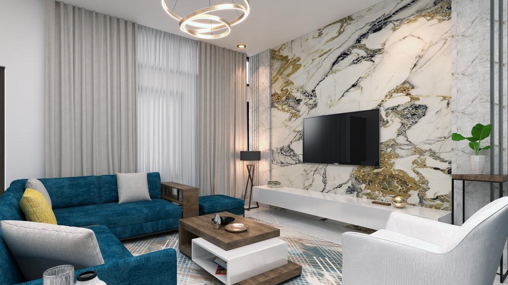 The Kharis living room with marble feature wall